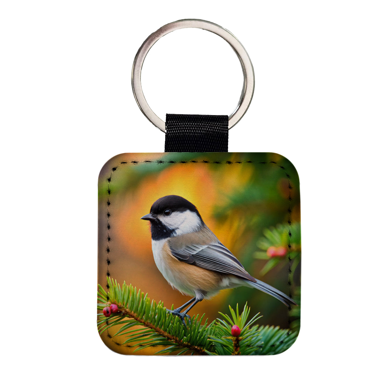 Black Capped Chickadee Backyard Bird Square Faux Leather Keychain