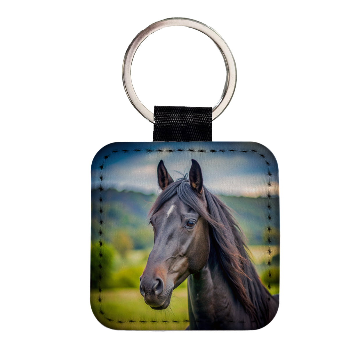 Black Horse Face Square Faux Leather Keychain