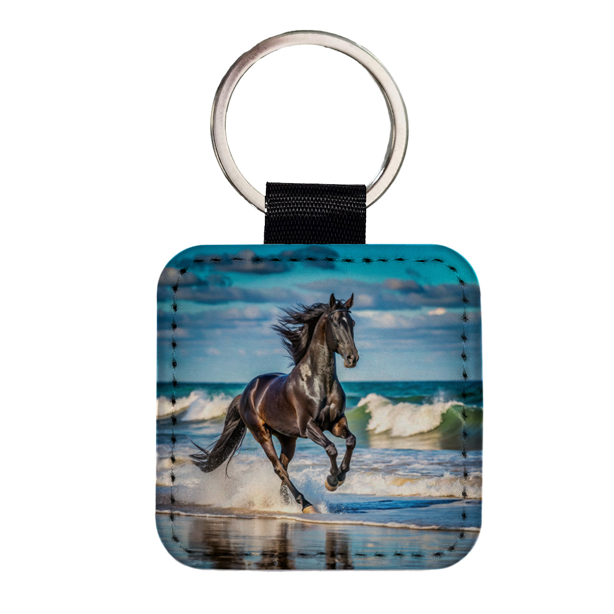 Black Horse Stallion Galloping On The Beach Square Faux Leather Keychain
