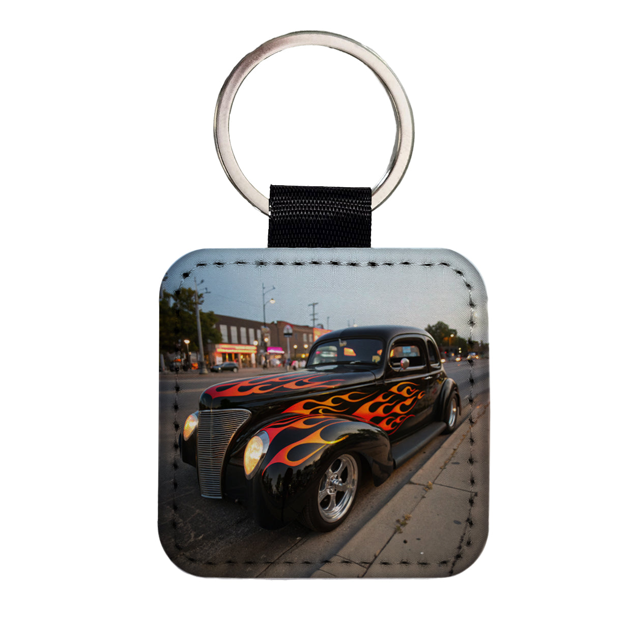 Black Hot Rod Classic Car With Flames Square Faux Leather Keychain