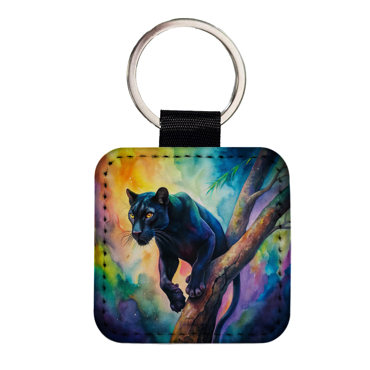 Black Panther In Tree Watercolor Square Faux Leather Keychain