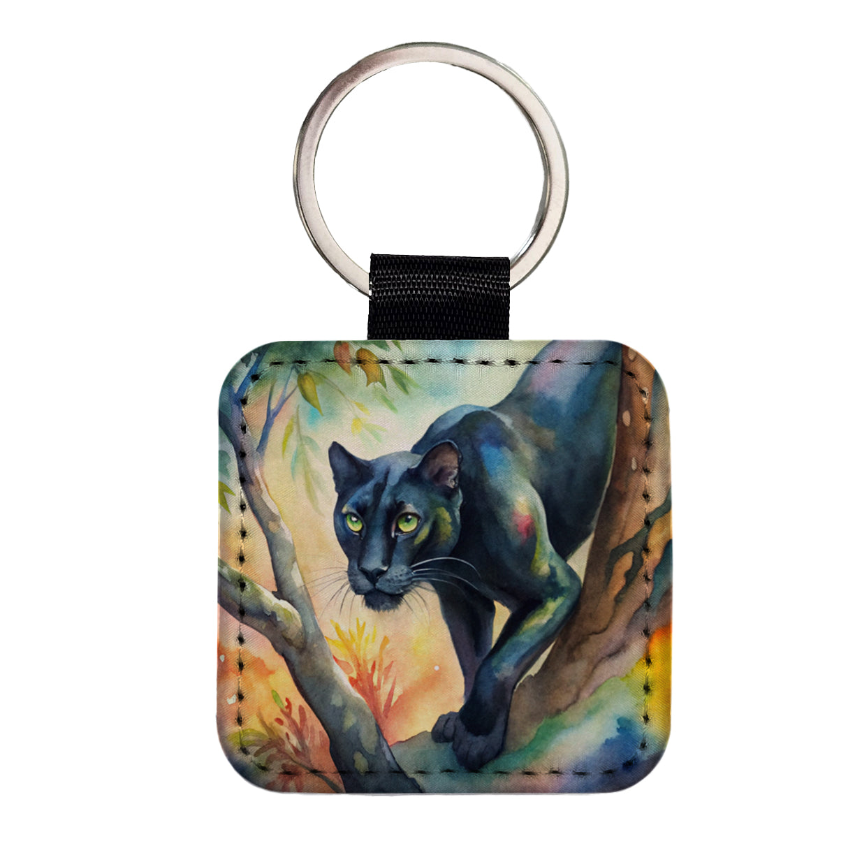 Black Panther Stalking Prey Watercolor Square Faux Leather Keychain