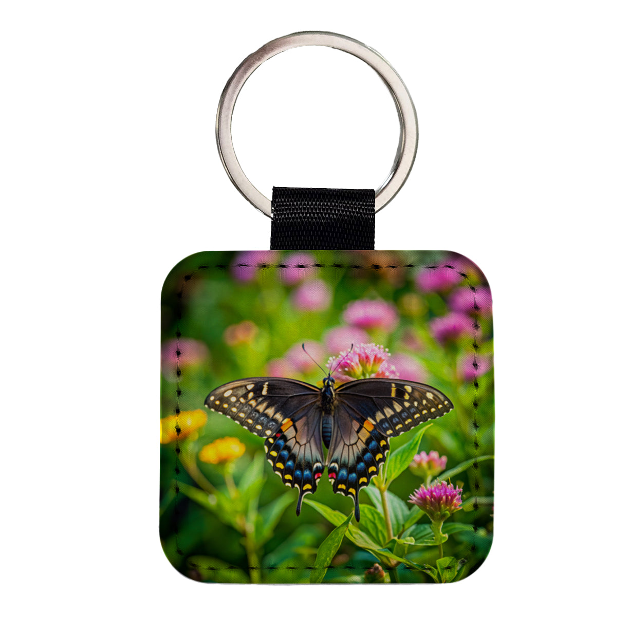 Black Swallowtail Butterfly Square Faux Leather Keychain