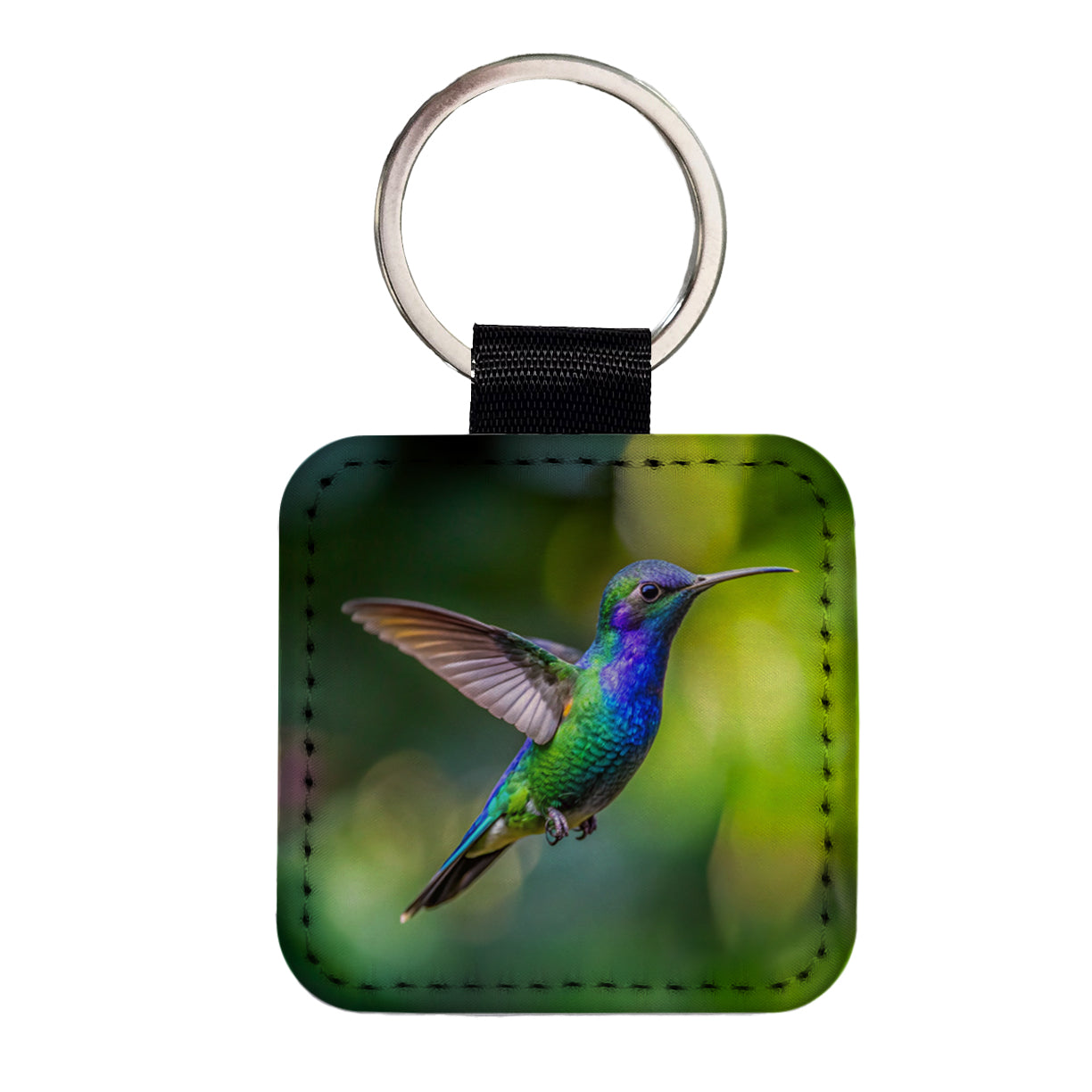 Blue Chinned Sapphire Hummingbird Backyard Bird Square Faux Leather Keychain