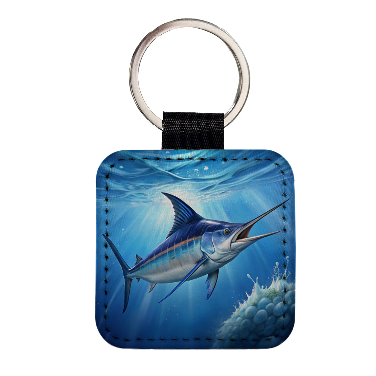 Blue Marlin Fish Square Faux Leather Keychain