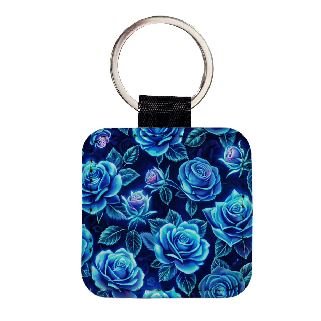 Blue Neon Rose Floral Pattern Square Faux Leather Keychain