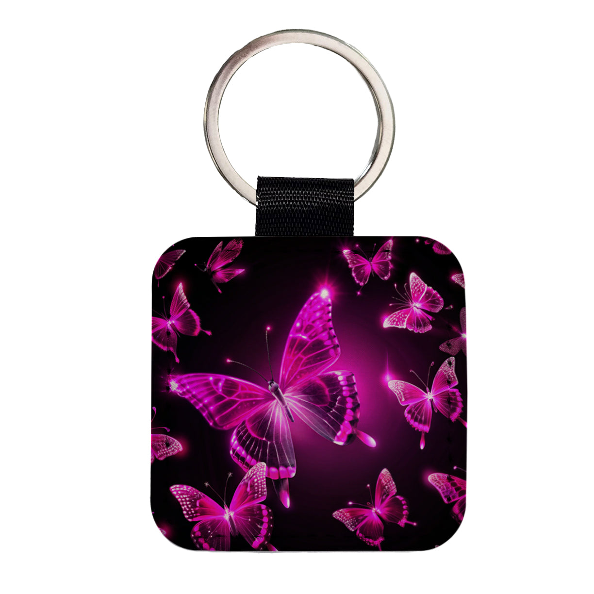 Bright Neon Pink Butterflies Square Faux Leather Keychain