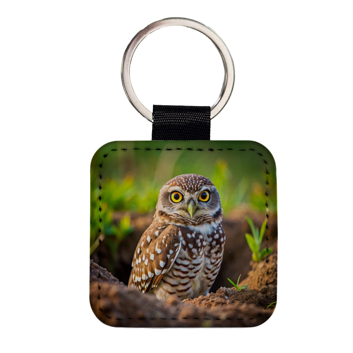 Burrowing Owl Raptor Bird Of Prey Square Faux Leather Keychain