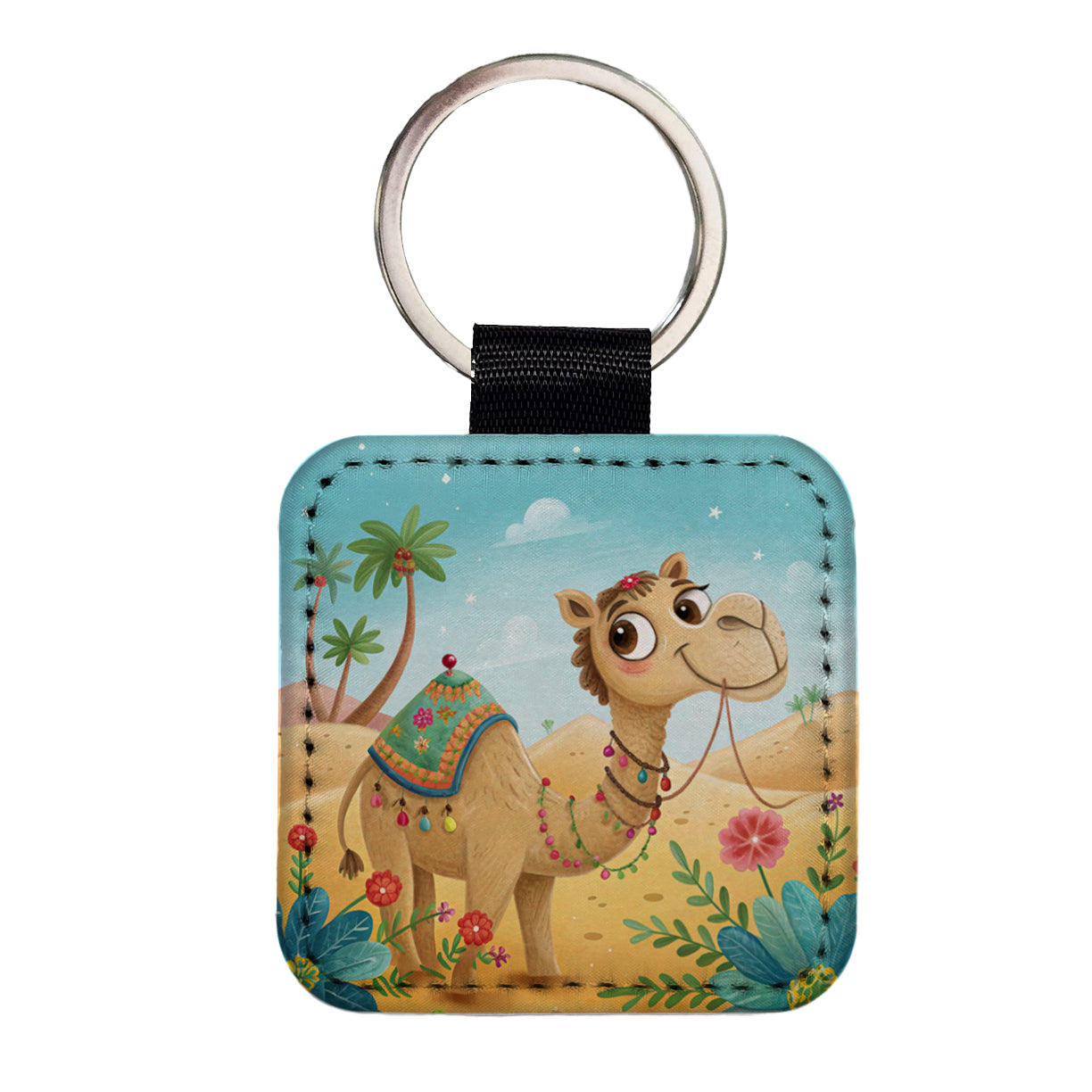 Camel Children's Illustration Style Square Faux Leather Keychain