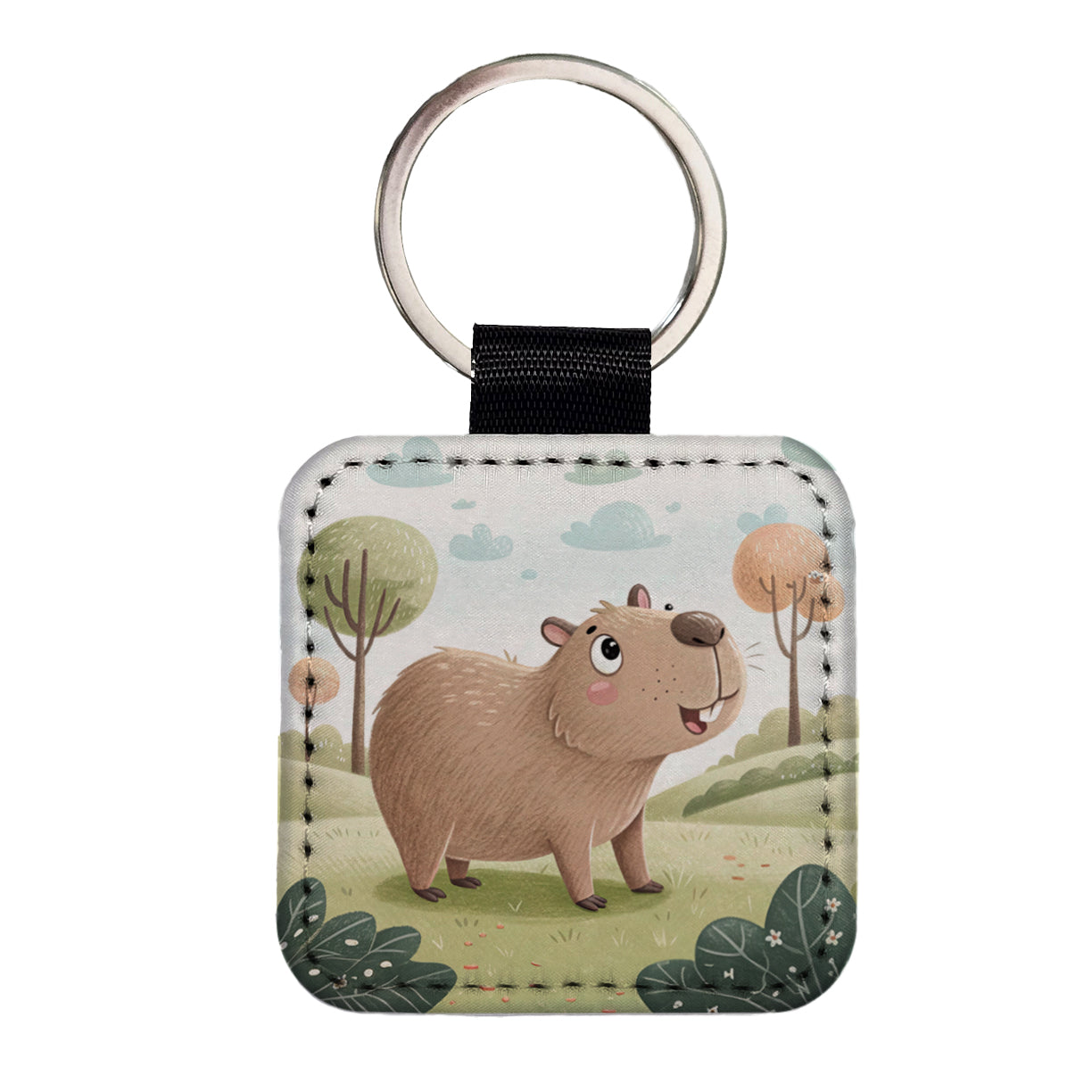 Capybara Children's Illustration Style Square Faux Leather Keychain