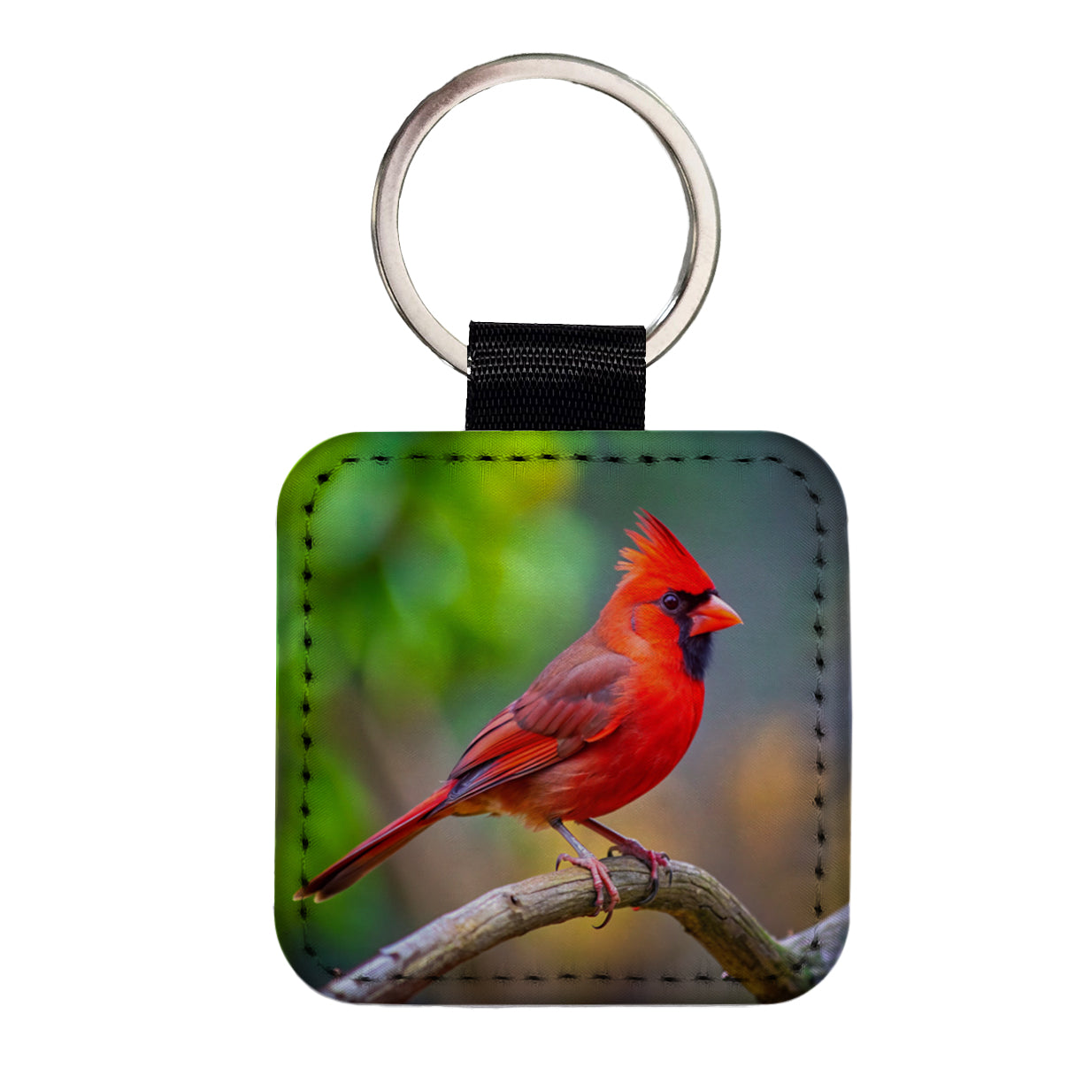 Cardinal Backyard Bird Square Faux Leather Keychain