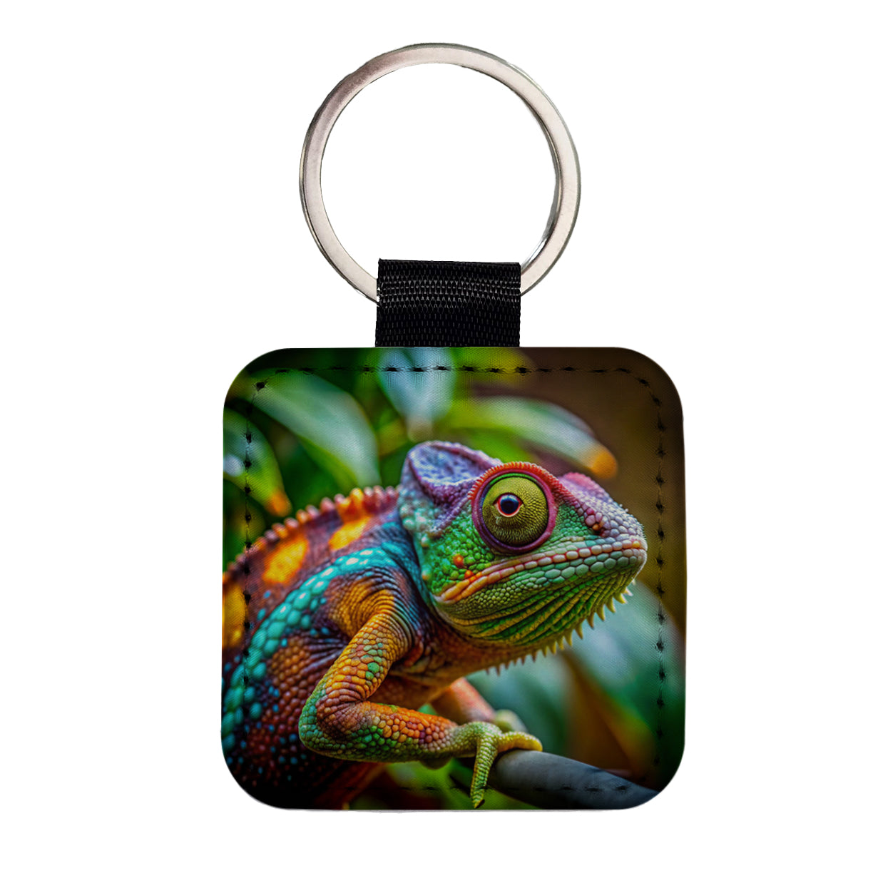 Chameleon Lizard Reptile Square Faux Leather Keychain