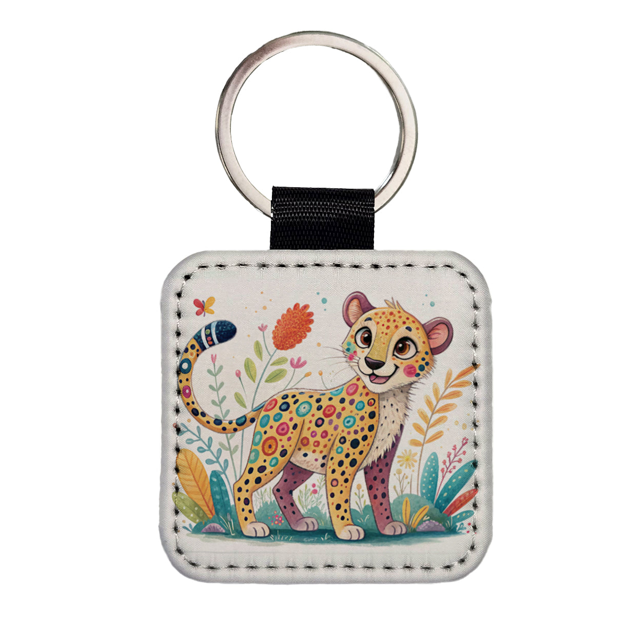 Cheetah Children's Illustration Style Square Faux Leather Keychain