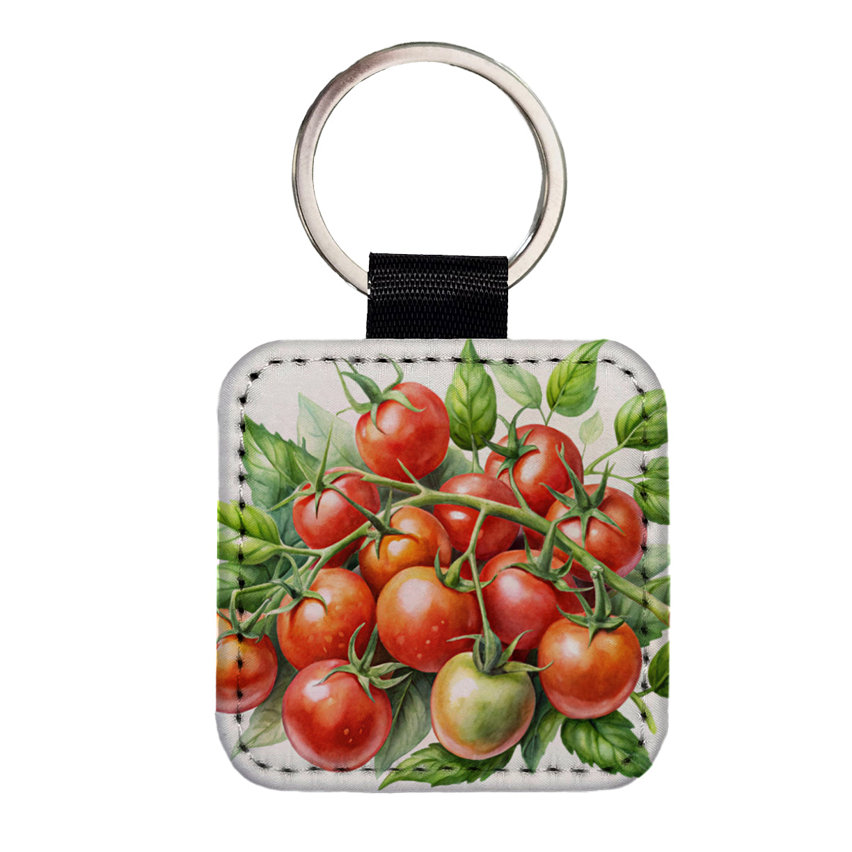 Cherry Tomatoes On The Vine Watercolor Square Faux Leather Keychain