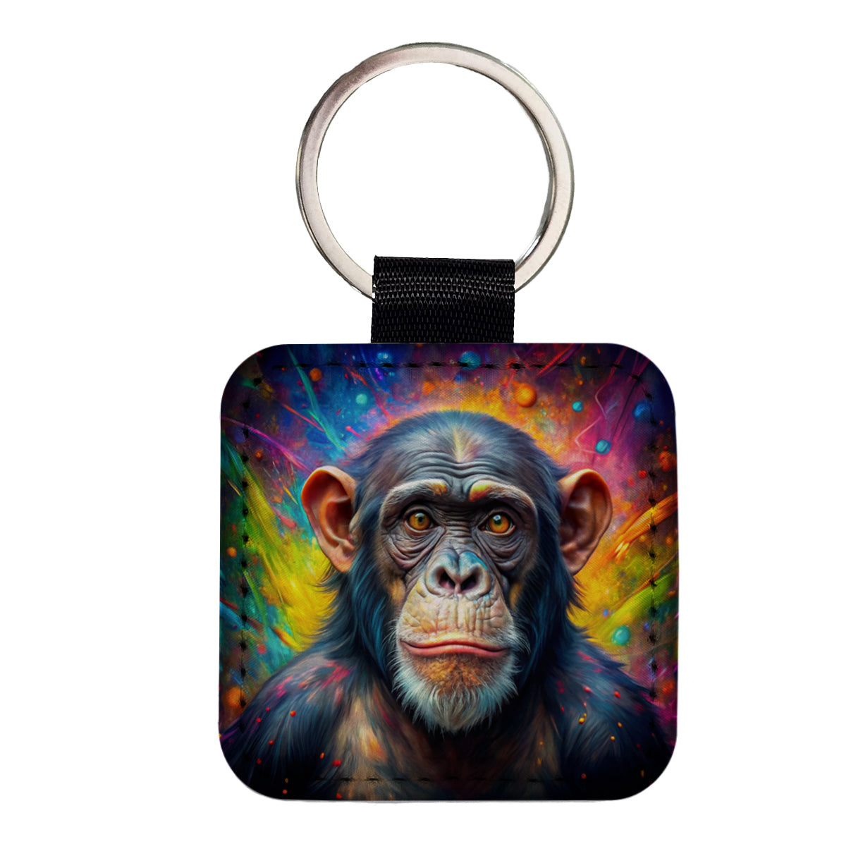 Chimpanzee Monkey Colorful Abstract Art Square Faux Leather Keychain