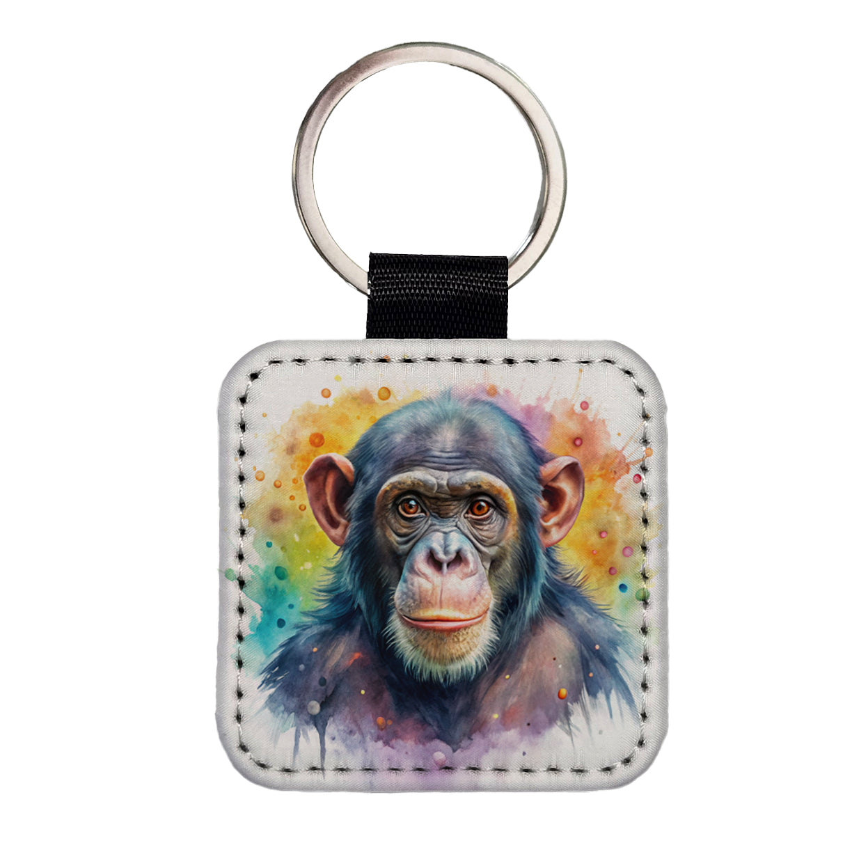 Chimpanzee Monkey Watercolor Square Faux Leather Keychain