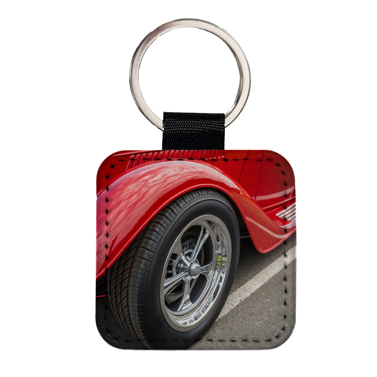 Classic Red Hot Rod Car Square Faux Leather Keychain
