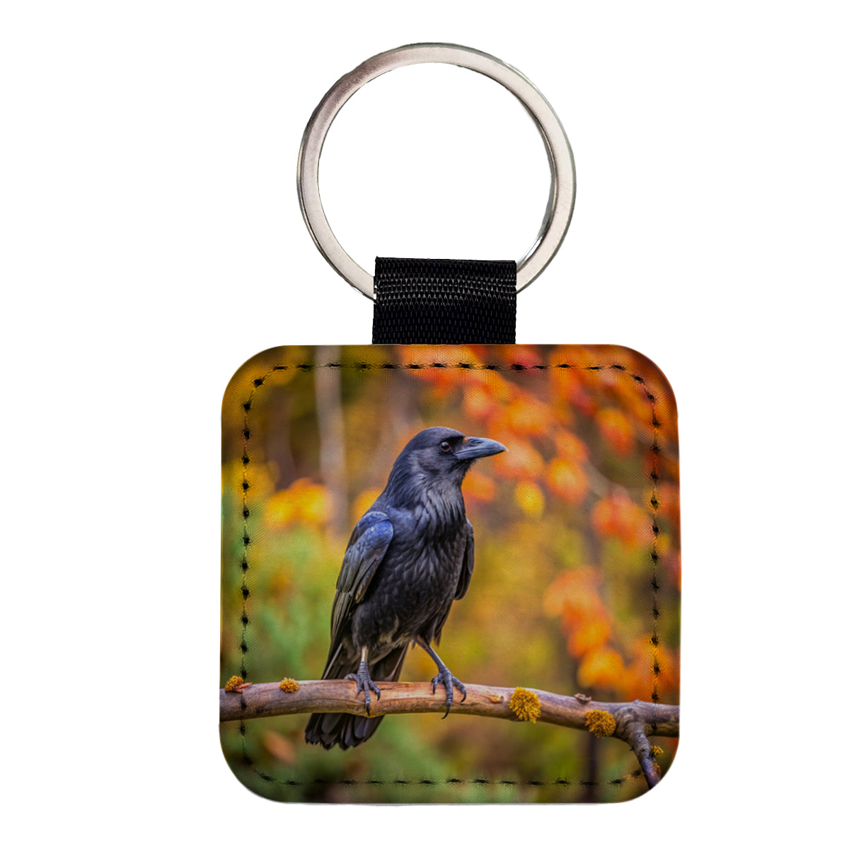Common Raven Backyard Bird Square Faux Leather Keychain