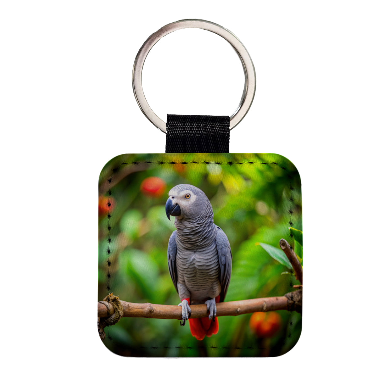Congo African Grey Parrot Bird On Branch Square Faux Leather Keychain