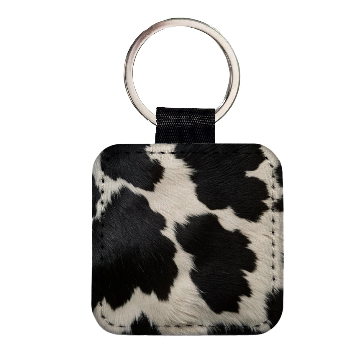 Cow Pattern Black and White Square Faux Leather Keychain