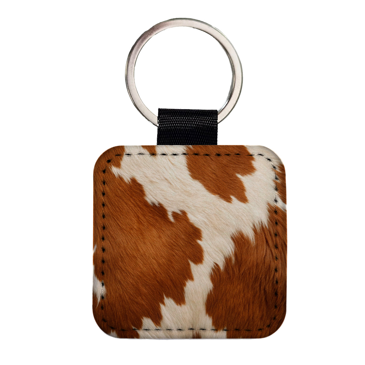 Cow Pattern Brown and White Square Faux Leather Keychain