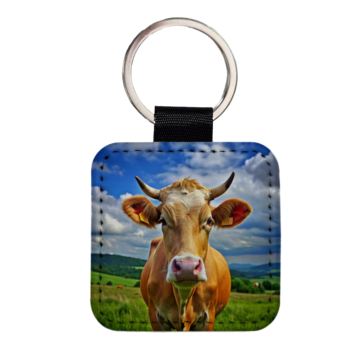 Cow Square Faux Leather Keychain