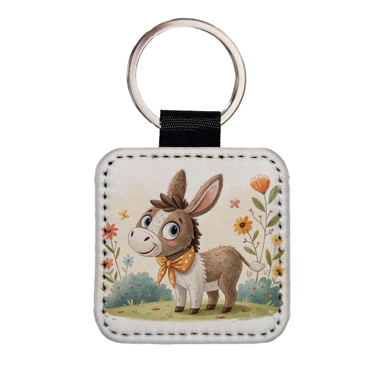 Donkey Children's Illustration Style Square Faux Leather Keychain