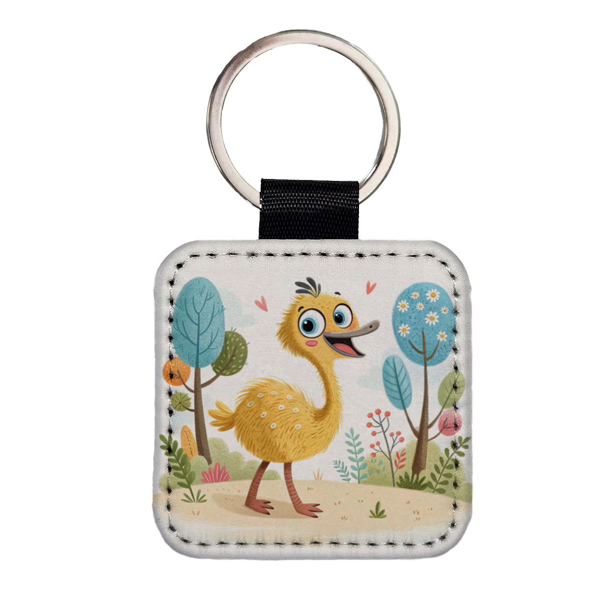 Emu Children's Illustration Style Square Faux Leather Keychain