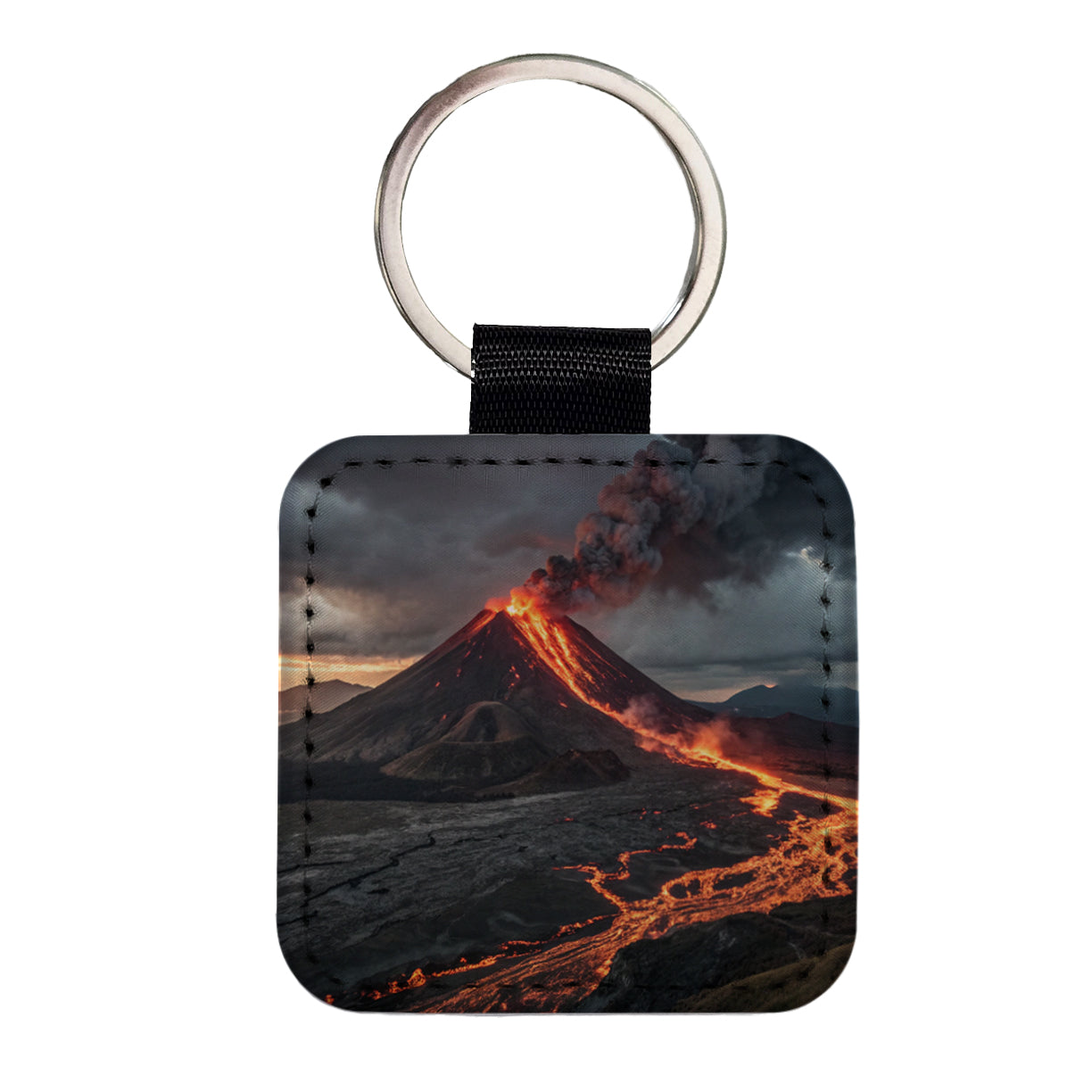 Erupting Volcano With Flowing Lava Square Faux Leather Keychain