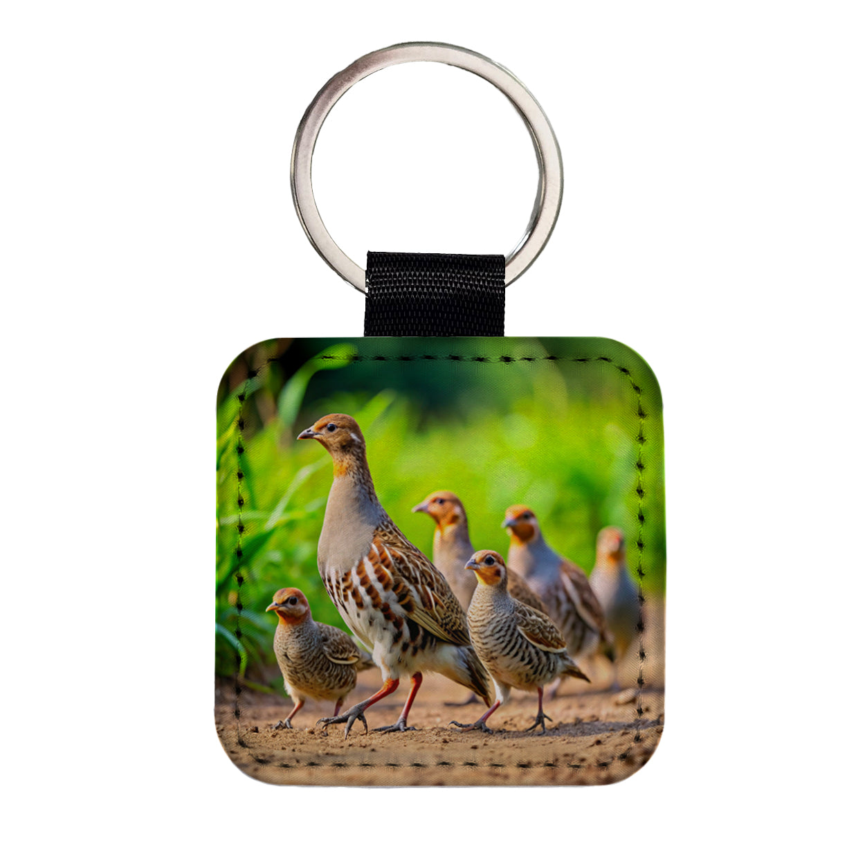 Family Of Partridge Birds Square Faux Leather Keychain
