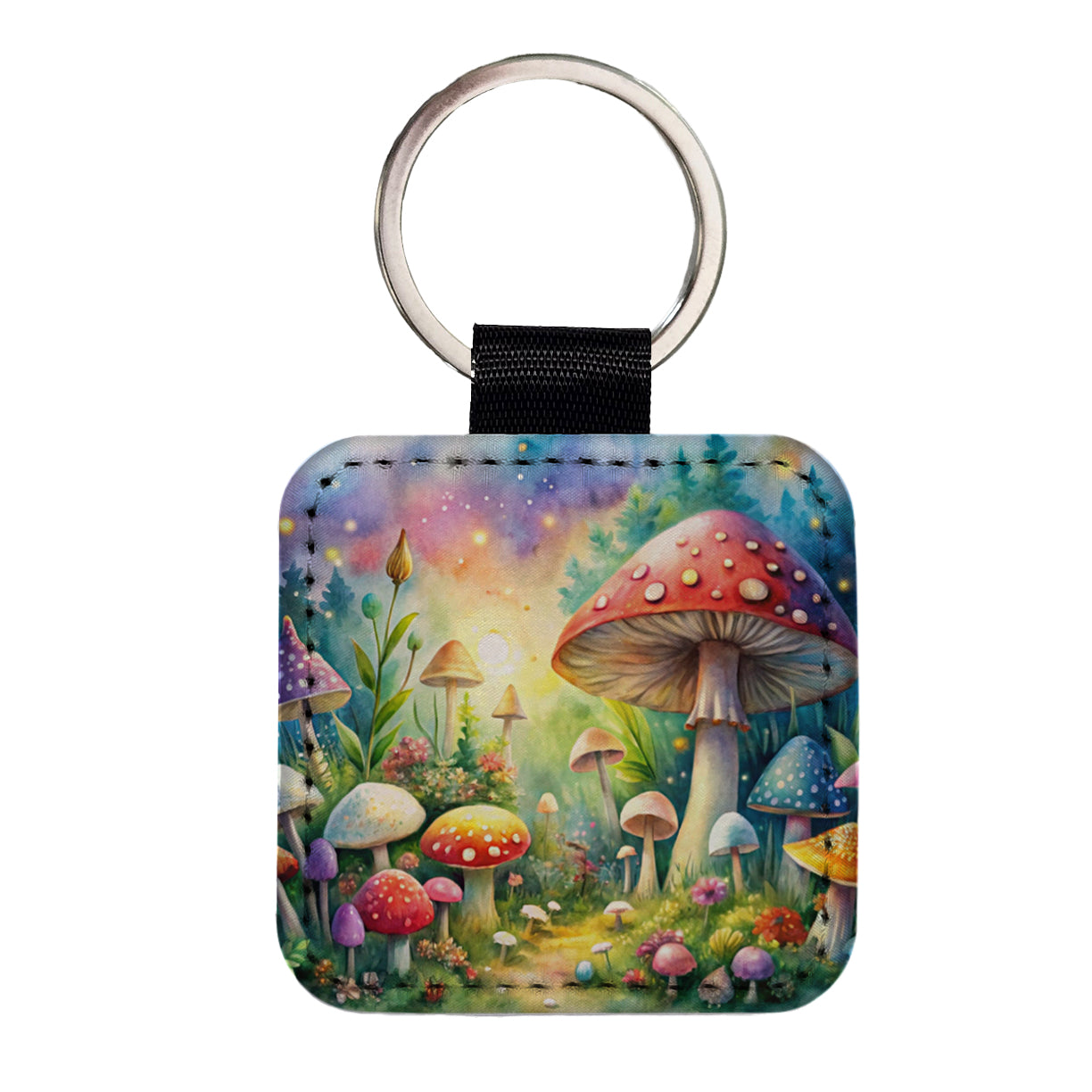 Fantastical Magical Mushroom Garden Watercolor Square Faux Leather Keychain