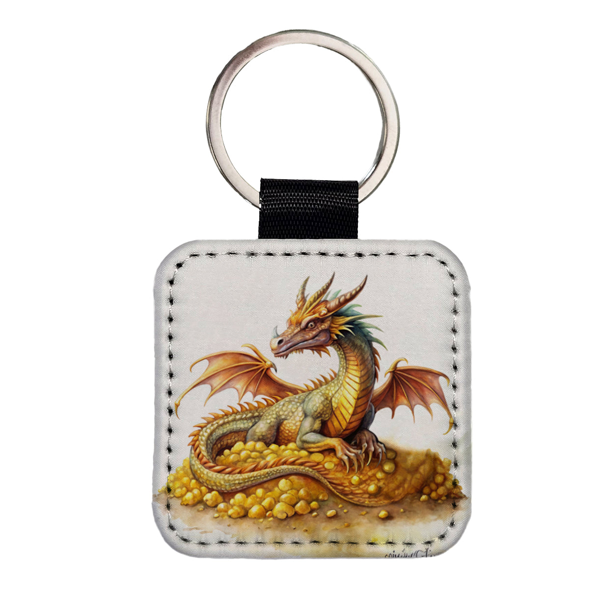 Fantasy Dragon and Gold Horde Watercolor Square Faux Leather Keychain