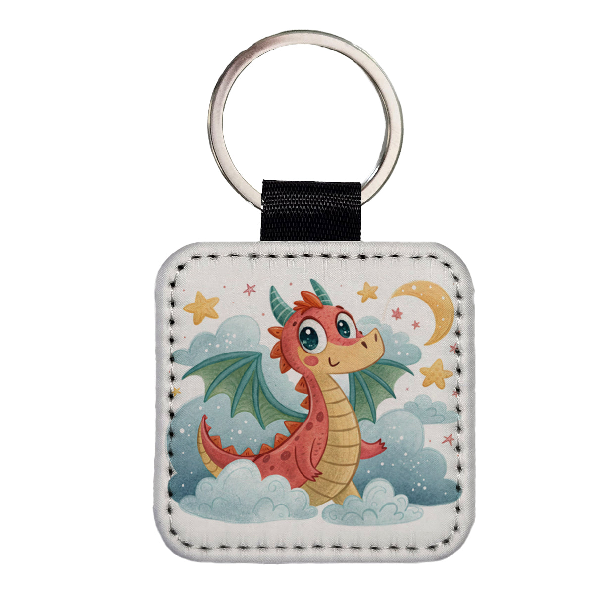 Fantasy Dragon Children's Illustration Style Square Faux Leather Keychain