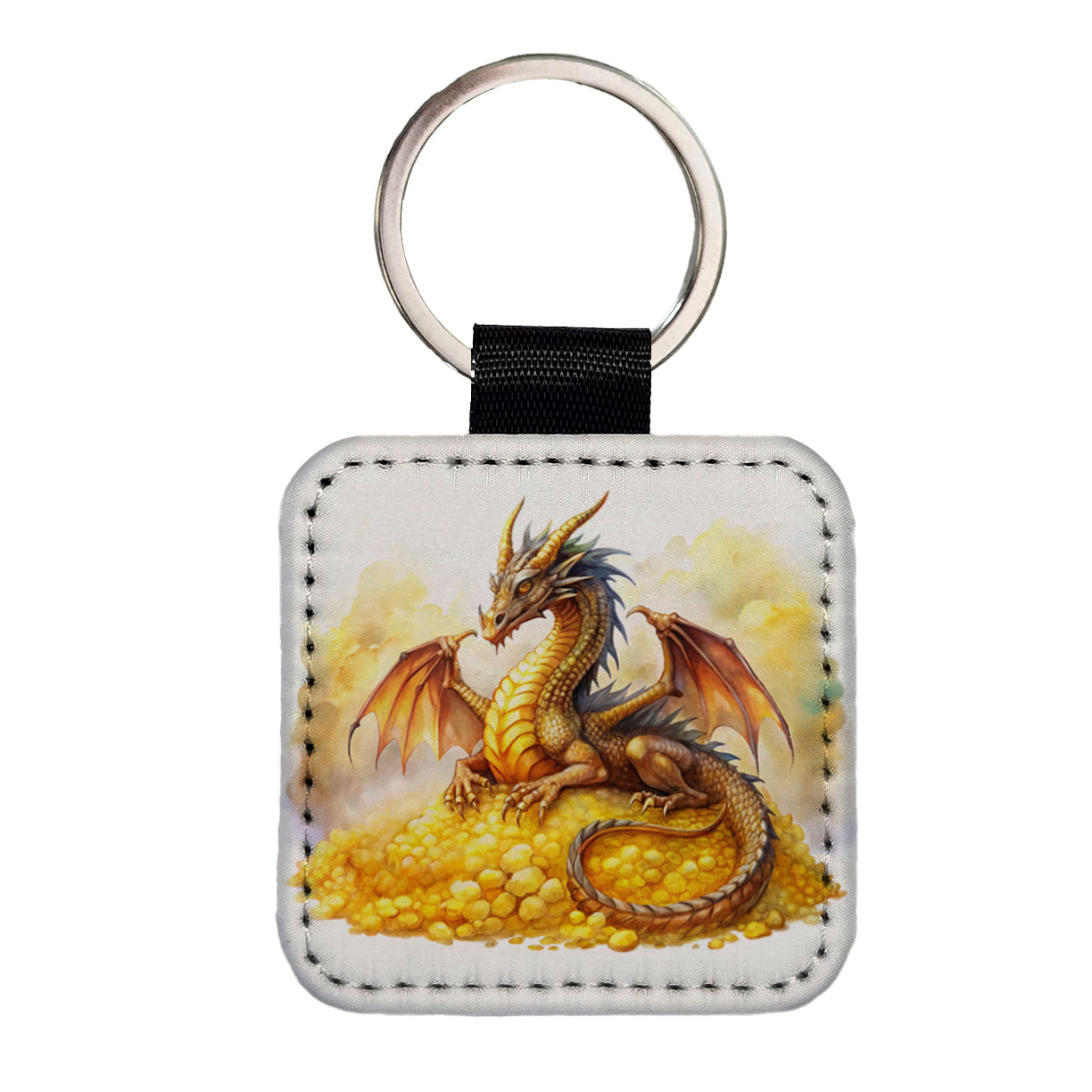 Fantasy Dragon Laying on Gold Watercolor Square Faux Leather Keychain