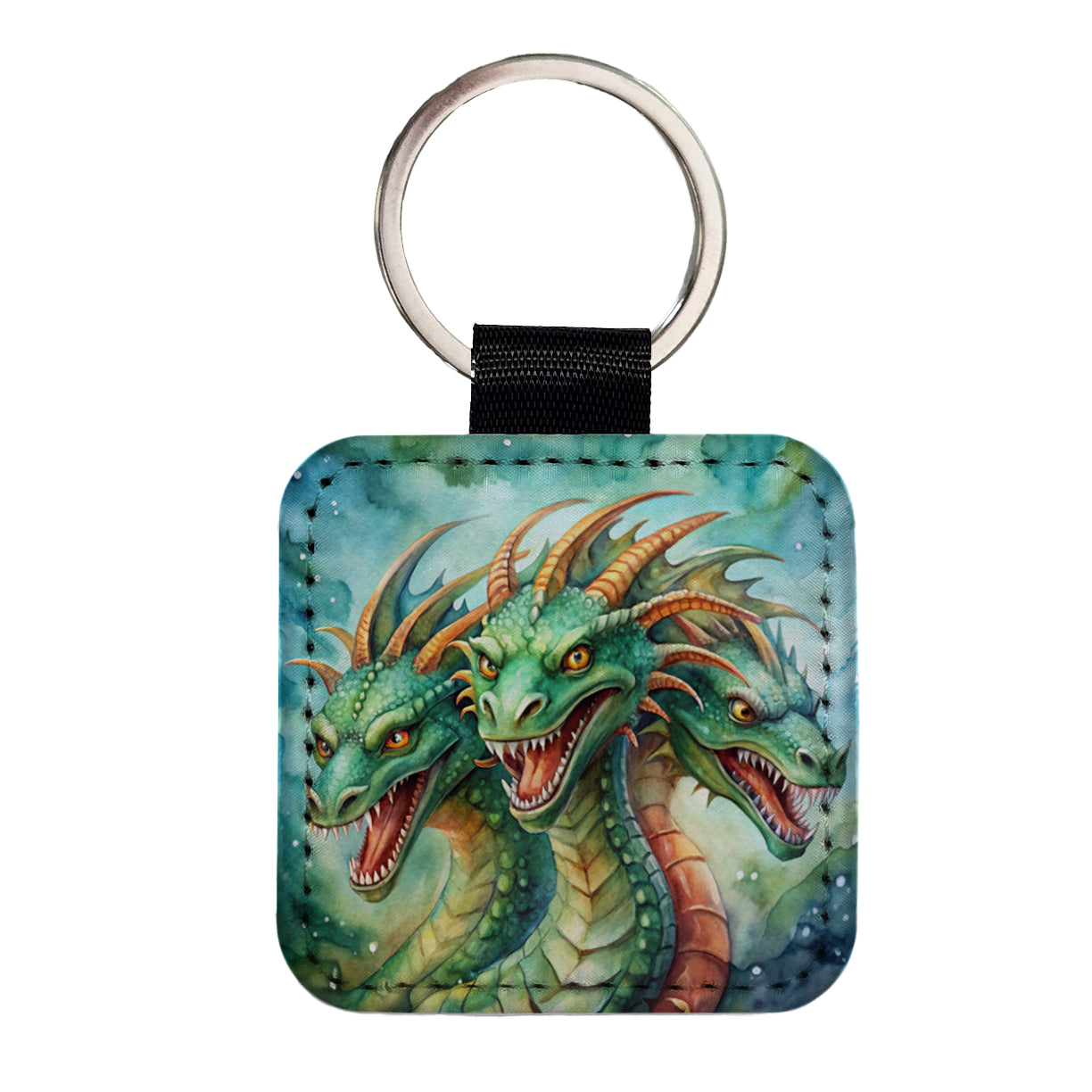 Fantasy Hydra Heads Mythical Monster Watercolor Square Faux Leather Keychain