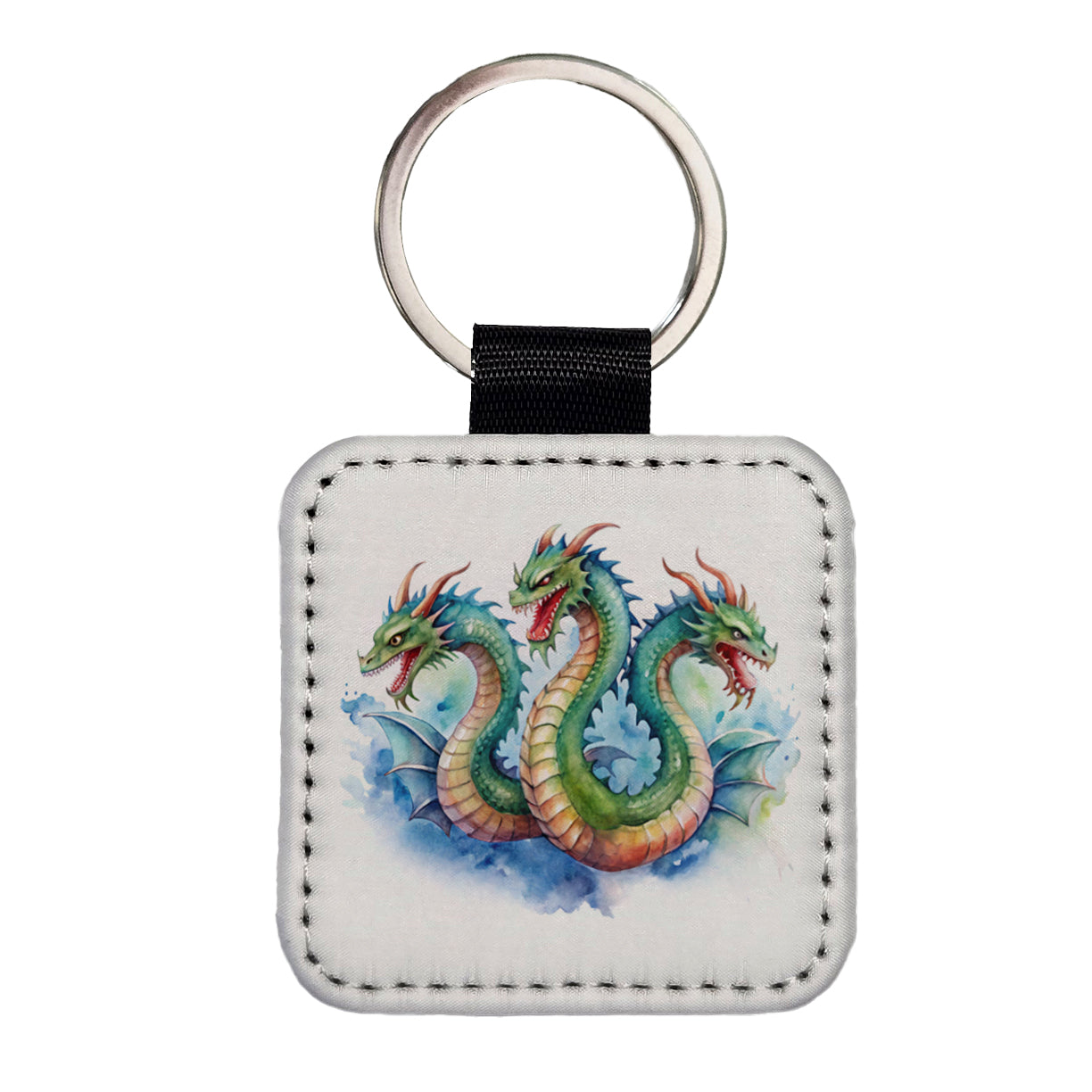 Fantasy Hydra Mythical Creature Watercolor Square Faux Leather Keychain
