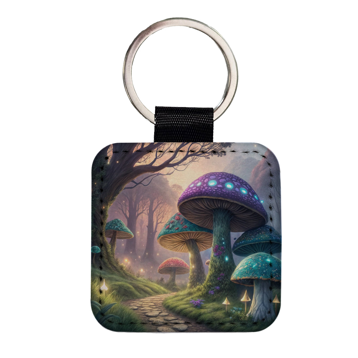 Fantasy Mushroom Forest Path Square Faux Leather Keychain
