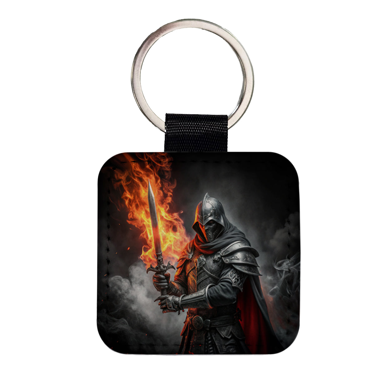 Fantasy Warrior Knight with Flaming Sword Square Faux Leather Keychain