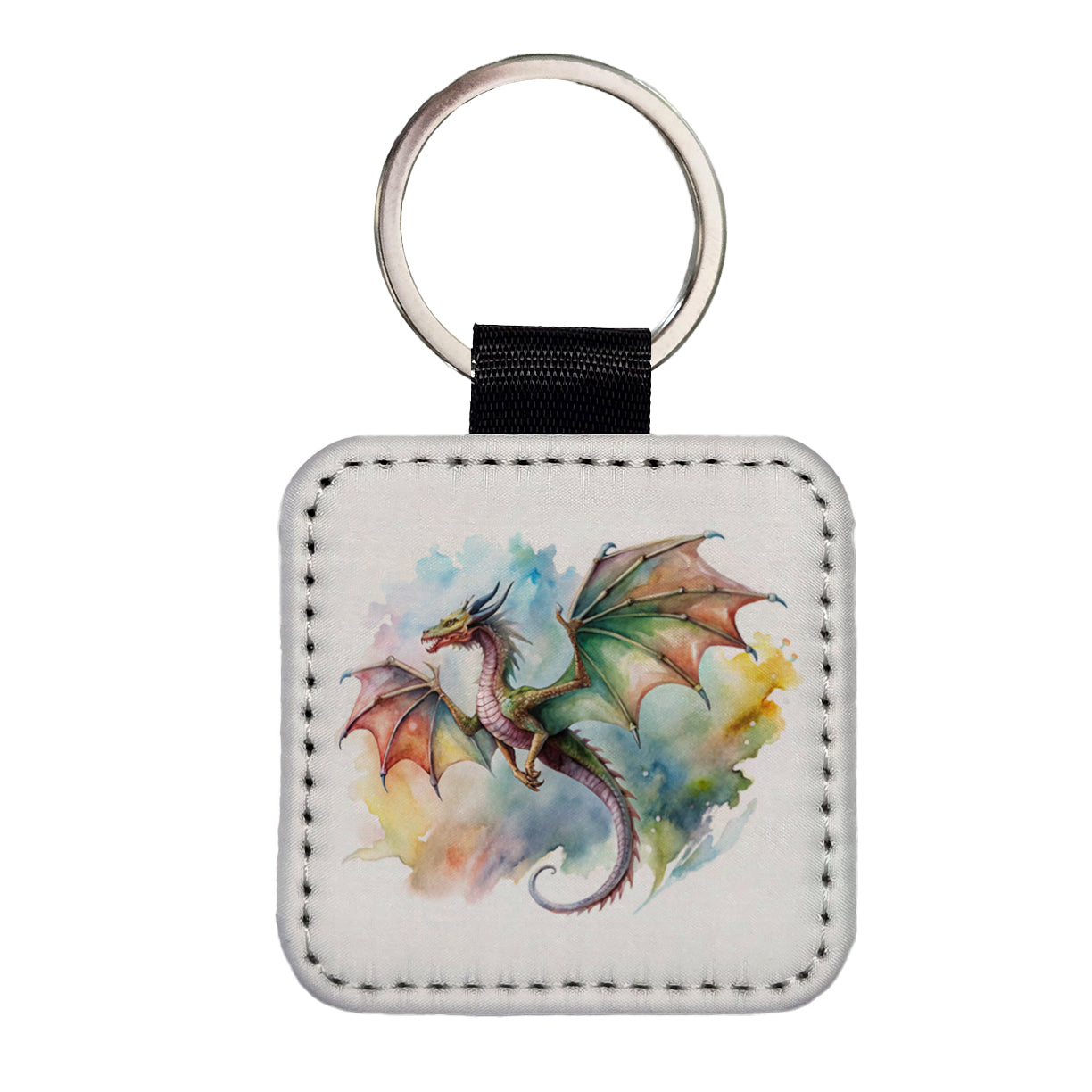 Fantasy Wyvern Dragon In Flight Watercolor Square Faux Leather Keychain