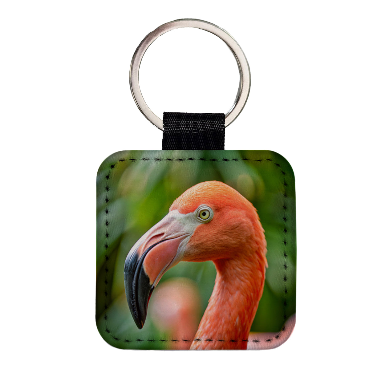 Flamingo Face Square Faux Leather Keychain