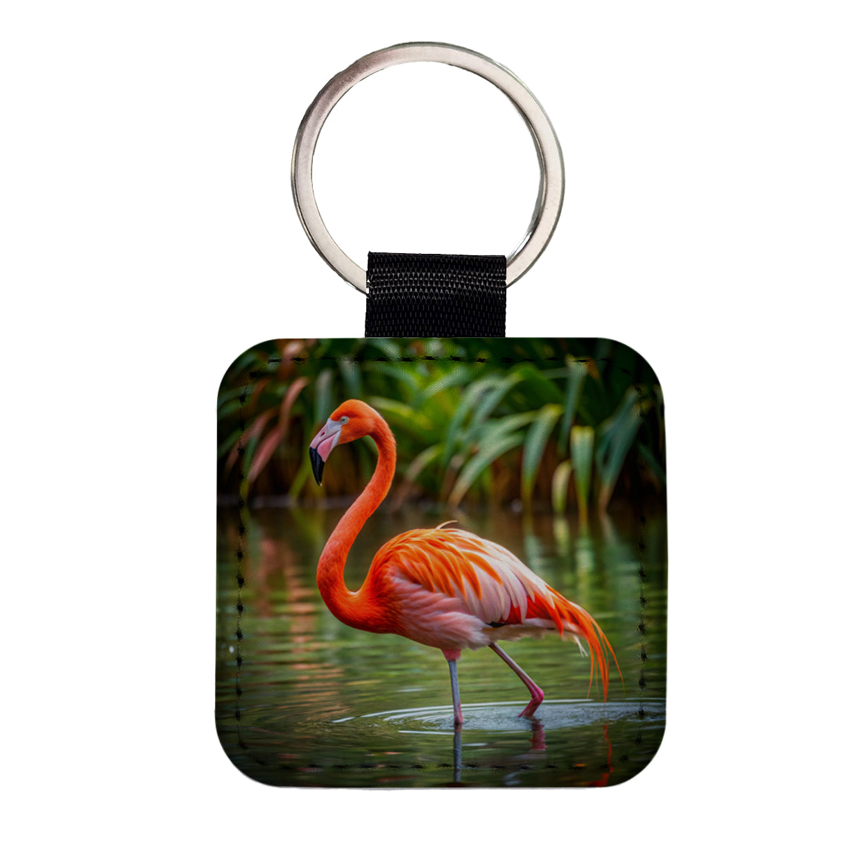 Flamingo Square Faux Leather Keychain