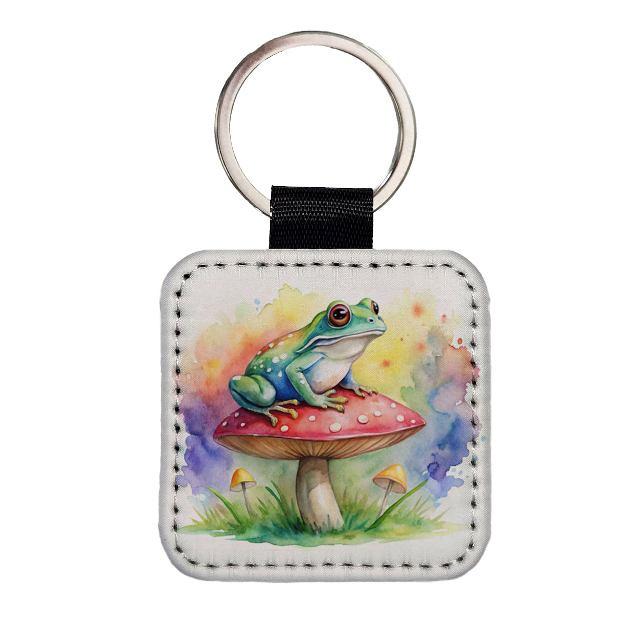 Frog Sitting On A Magical Mushroom Watercolor Square Faux Leather Keychain