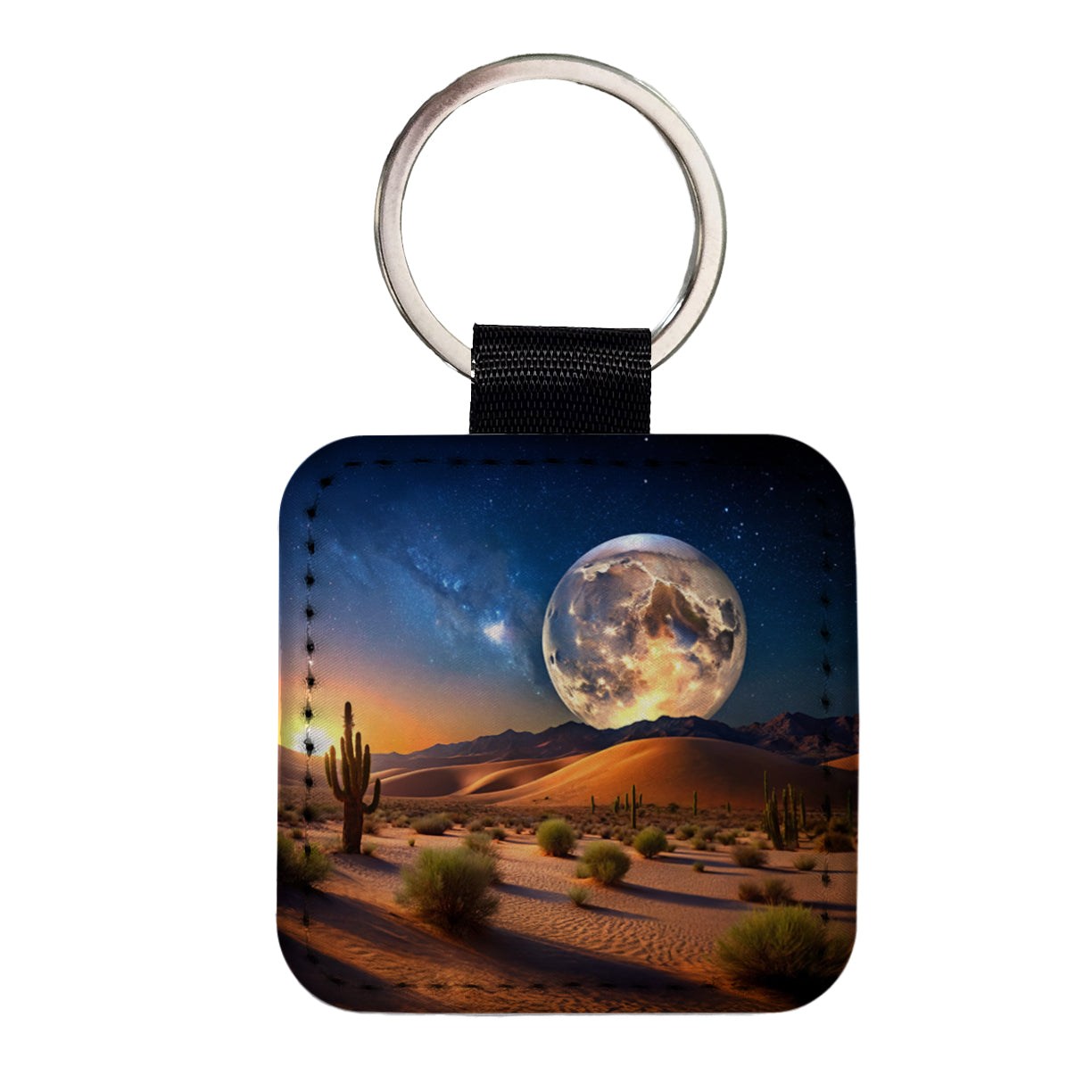 Full Moon Over The Desert Square Faux Leather Keychain