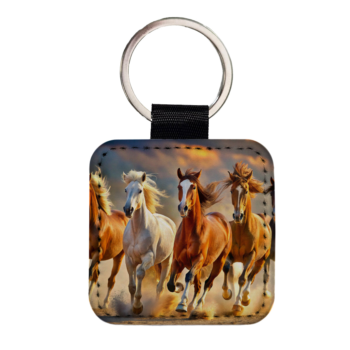 Galloping Horses Square Faux Leather Keychain