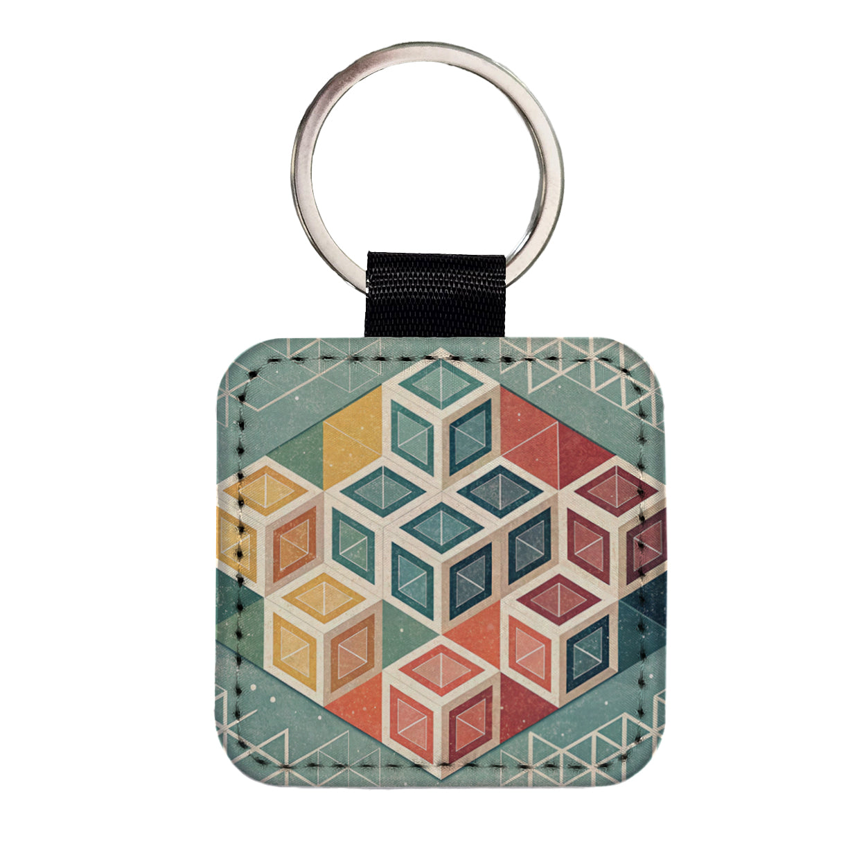 Geometric Cube Pattern Design Square Faux Leather Keychain