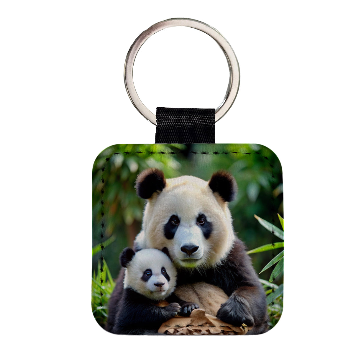 Giant Panda Mother With Baby Square Faux Leather Keychain
