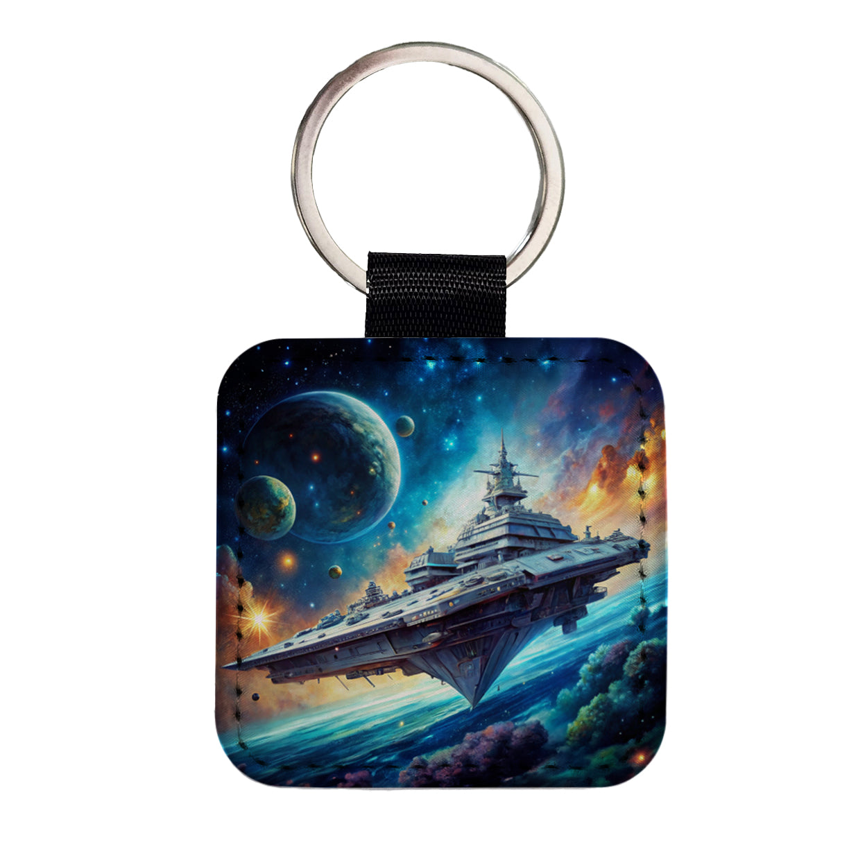 Giant Sci-Fi Warship In Space Watercolor Square Faux Leather Keychain