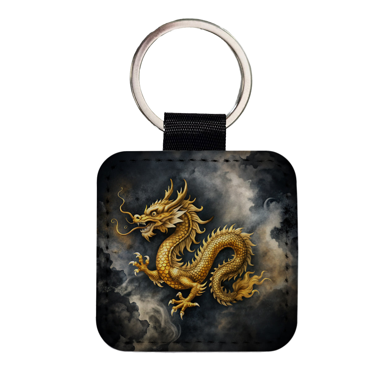 Gold Asian Dragon Watercolor Square Faux Leather Keychain