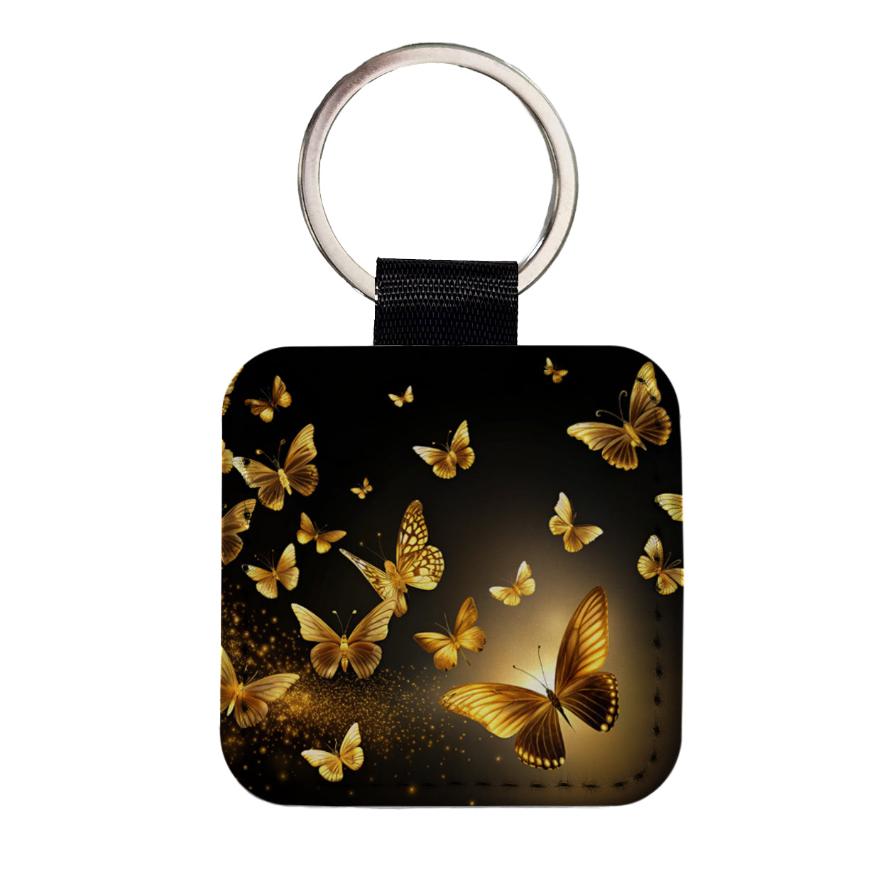 Gold Butterflies Flying Square Faux Leather Keychain