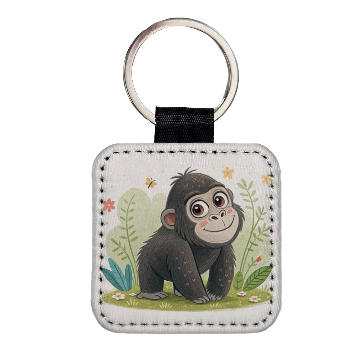 Gorilla Ape Children's Illustration Style Square Faux Leather Keychain